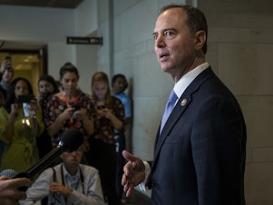 caption: House Intelligence Committee Chairman Adam Schiff, D-CA., speaks to members of the press during a closed-door deposition of Former Special Envoy to Ukraine Kurt Volker led by the House Intelligence Committee on Capitol Hill on October 3, 2019 in Washington, DC.
