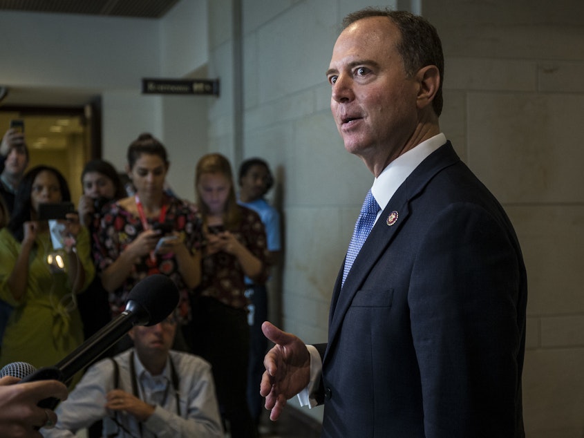 caption: House Intelligence Committee Chairman Adam Schiff, D-CA., speaks to members of the press during a closed-door deposition of Former Special Envoy to Ukraine Kurt Volker led by the House Intelligence Committee on Capitol Hill on October 3, 2019 in Washington, DC.