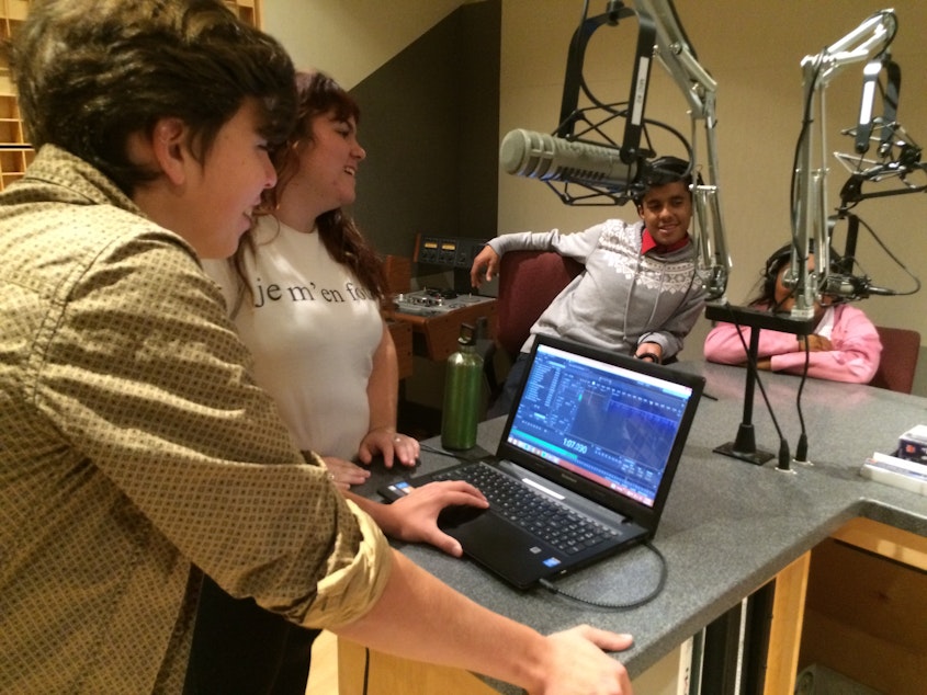 caption: Recording the "Guess That Sound" game in the KUOW studios