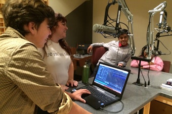 caption: Recording the "Guess That Sound" game in the KUOW studios