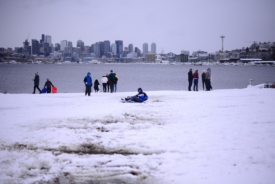 caption: The view of downtown Seattle from Gas Works Park on a snow day, Saturday, Feb. 9, 2019.