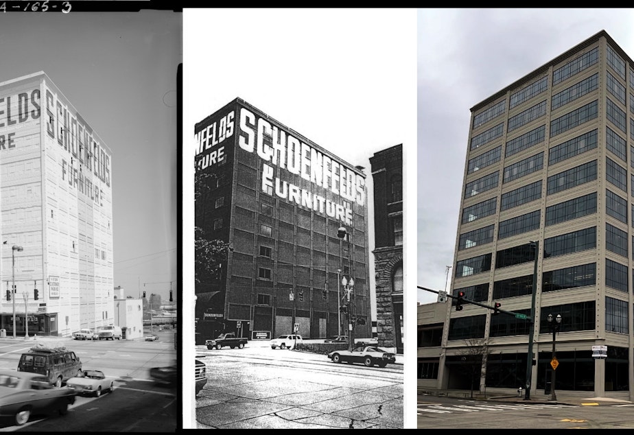 caption: The Schoenfelds Furniture building, distant past (L), Can of beans era (Center), present day (R)