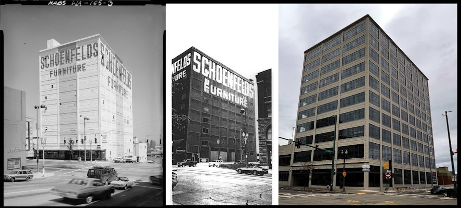 caption: The Schoenfelds Furniture building, distant past (L), Can of beans era (Center), present day (R)