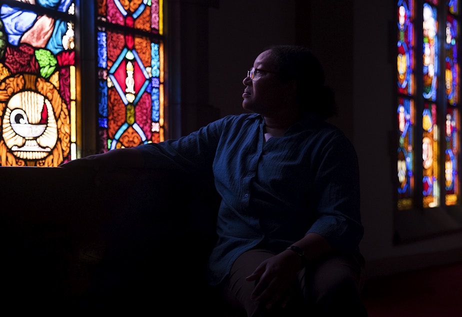 Marsha Tolon poses for a portrait at University Christian Church, which she has been attending since 1984. The church is for sale because its dwindling congregation cannot afford to maintain it.