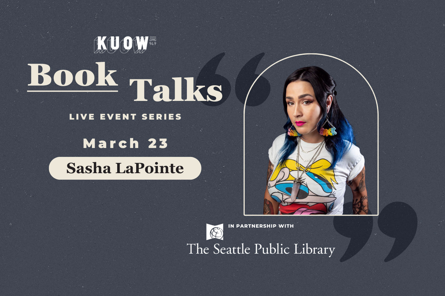 caption: The KUOW Book Club is reading "Thunder Song" by Sasha LaPointe in March 2026. LaPointe will join KUOW's Katie Campbell for a live discussion at the Seattle Central Library on March 23, 2026.