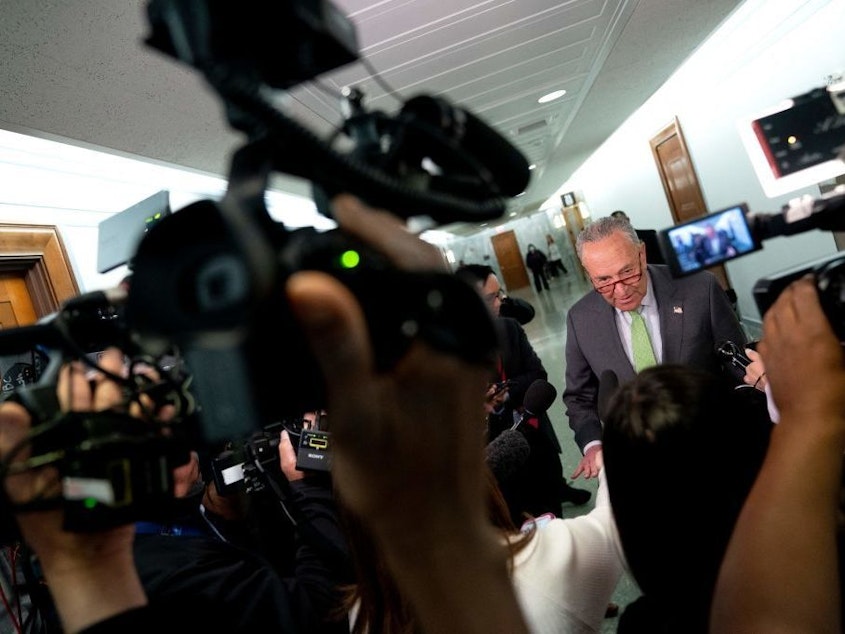 caption: Senate Majority Leader Chuck Schumer, D-N.Y., speaks to reporters April 27 outside the Senate Judiciary Committee on Capitol Hill in Washington.