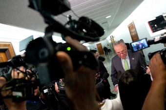 caption: Senate Majority Leader Chuck Schumer, D-N.Y., speaks to reporters April 27 outside the Senate Judiciary Committee on Capitol Hill in Washington.
