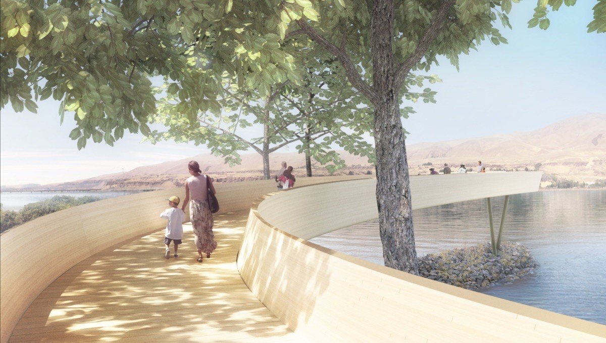 caption: Artist Maya Lin's design for Celilo Park included an elevated arc that would end at the edge of the now-flooded historic falls on the Columbia River.