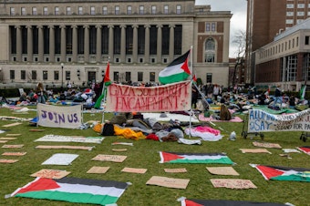 caption: Students occupy the campus Columbia University on Friday, calling for the school to divest from companies with ties to Israel.