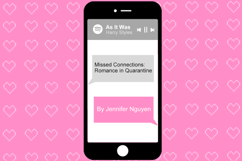 caption: An illustration of an iPhone on a hot pink background with pixelated hearts. The iPhone is playing the song "As It Was" by Harry Styles, and two text messages read: "Missed connections: Romance in quarantine" and "By Jennifer Nguyen."