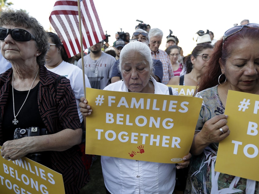 caption: A Rally For Our Children event to protest the separation of migrant families last year in San Antonio. A federal judge ordered an end to the policy in June 2018.