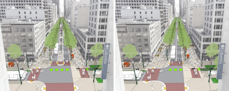caption: Alternative layouts for the Third Avenue busway from a 2019 Downtown Seattle Association report