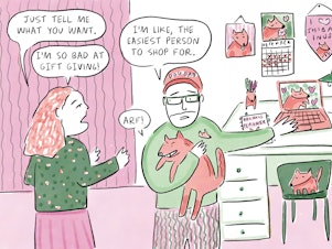 Cartoon of a woman asking her husband what he wants for Christmas, and him holding a Shiba Inu dog and wearing a hat that says "Dog Dad" saying "I'm like the easiest person to shop for!"