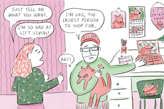 Cartoon of a woman asking her husband what he wants for Christmas, and him holding a Shiba Inu dog and wearing a hat that says "Dog Dad" saying "I'm like the easiest person to shop for!"
