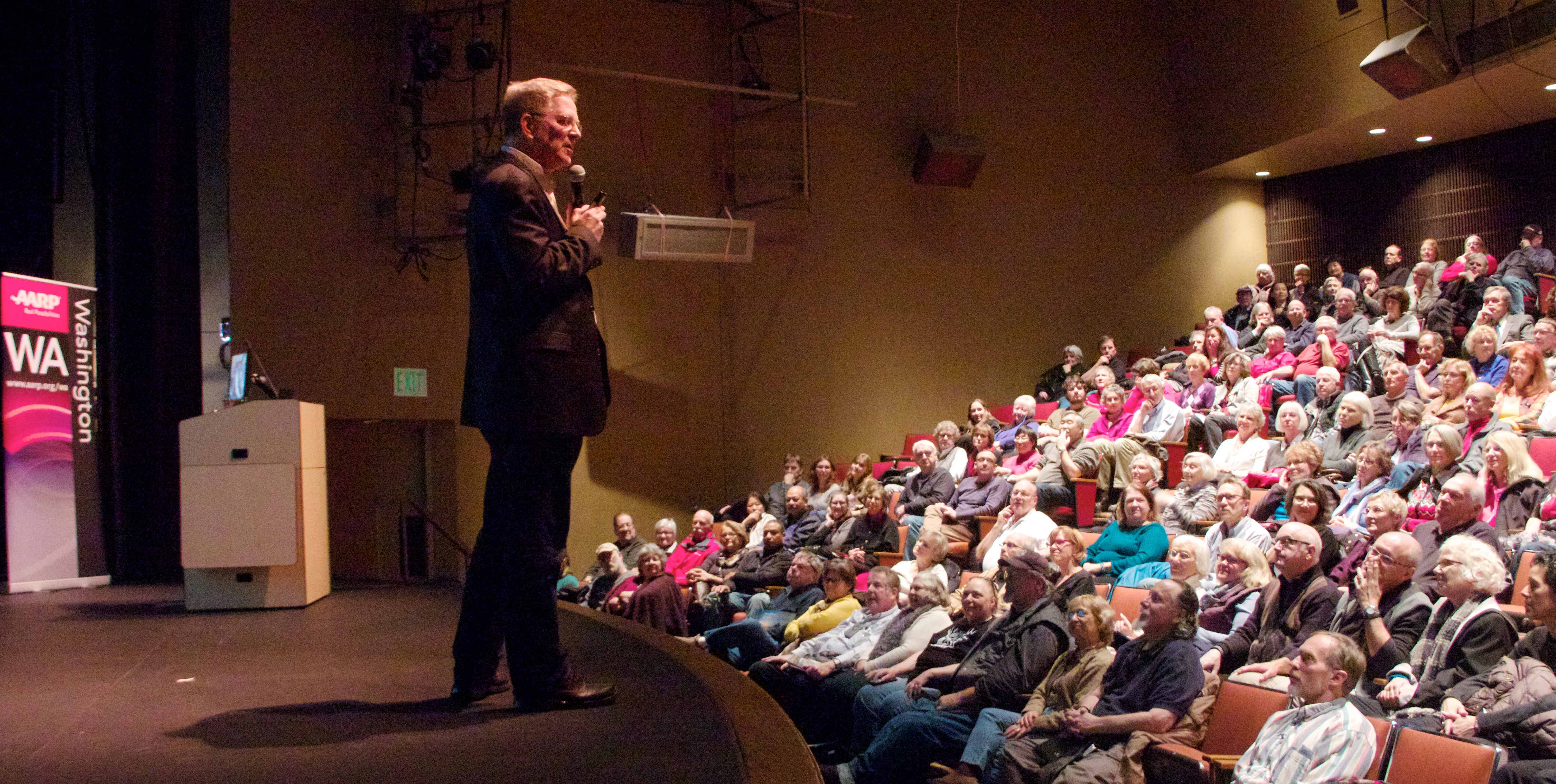 caption: Travel expert Rick Steves speaks at Seattle Central College.