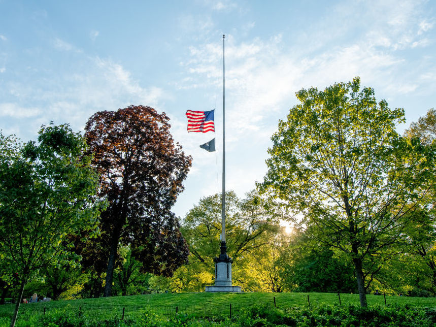 caption: U.S. flags will fly at half-staff on federal and military posts through Sunday, as President Trump orders a remembrance of the nearly 100,000 people who have died from COVID-19 in the U.S. Earlier this month, flags in the hard-hit state of New York flew at half their normal height to honor of those lost to the pandemic.