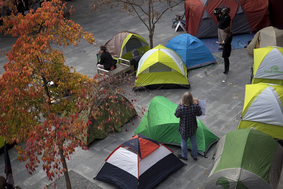 caption: Tents are shown as people gathered to protest the sweeps of homeless camps on Wednesday, November 1, 2017, at City Hall in Seattle. 