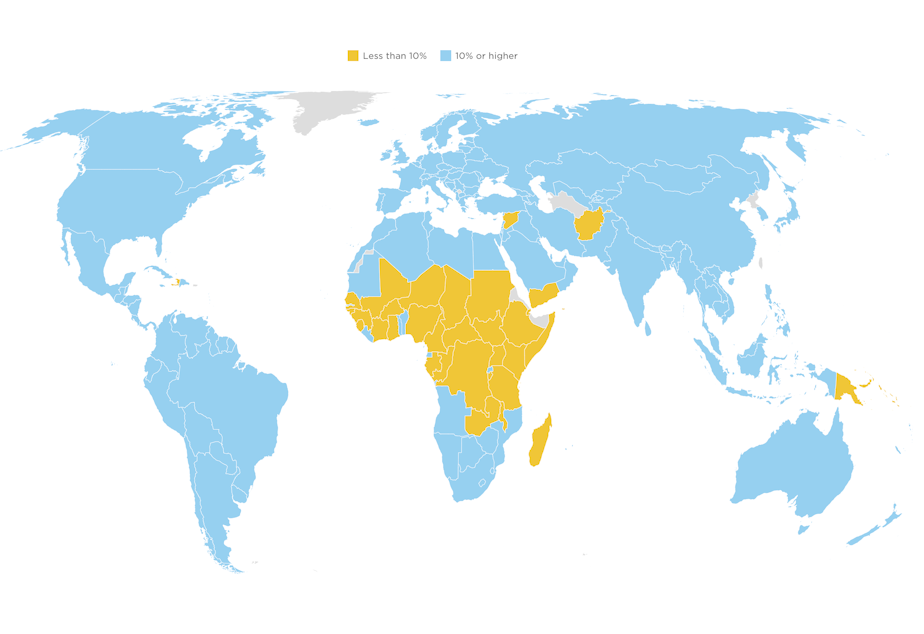 A world map highlighting the countries that remain below 10% fully vaccinated, mostly in Africa.