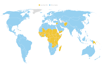 A world map highlighting the countries that remain below 10% fully vaccinated, mostly in Africa.
