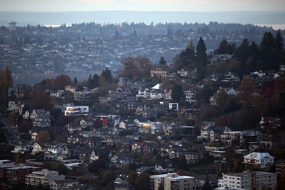 caption: Homes in Queen Anne are shown from the Space Needle on Monday, November 6, 2017, in Seattle. 