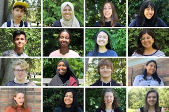 caption: A collage of 16 headshots, taken by the youth producers, of the 16 teens in the 2019 RadioActive Intro to Radio Journalism Workshop.