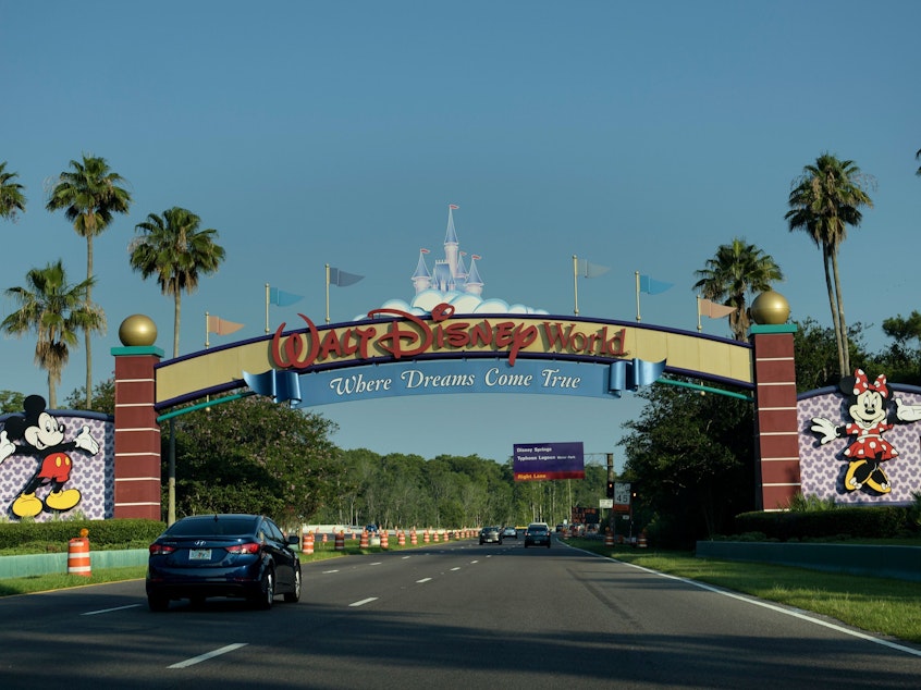 caption: The entrance to the Walt Disney World theme park pictured in 2016. A man was arrested for camping on an abandoned island at the park.