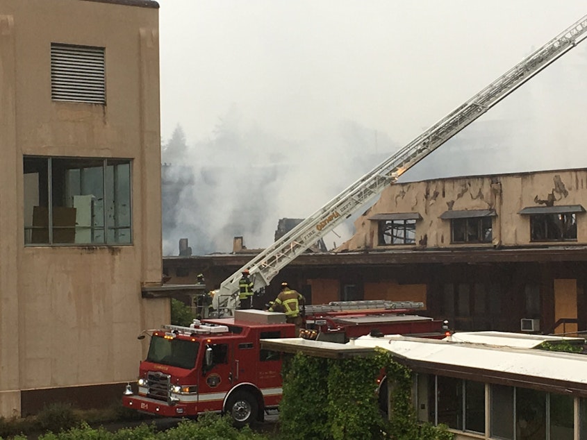 caption: Tumwater firefighters responded to a three-alarm fire at the old Olympia Brewery complex Monday, Oct. 8. CREDIT: AUSTIN JENKINS/N3