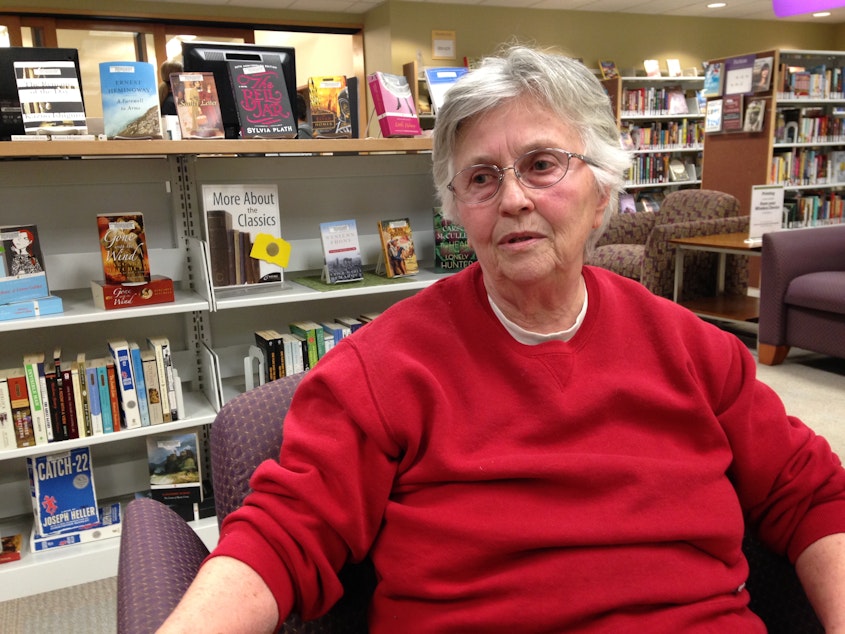 caption: Darrington resident Mathalie Meracle spoke to KUOW's Phyllis Fletcher at the Darrington Library on Monday.