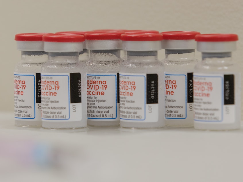 caption: Vials of the Moderna COVID-19 vaccines are seen at the Covenant Place facility in Sumter, S.C.