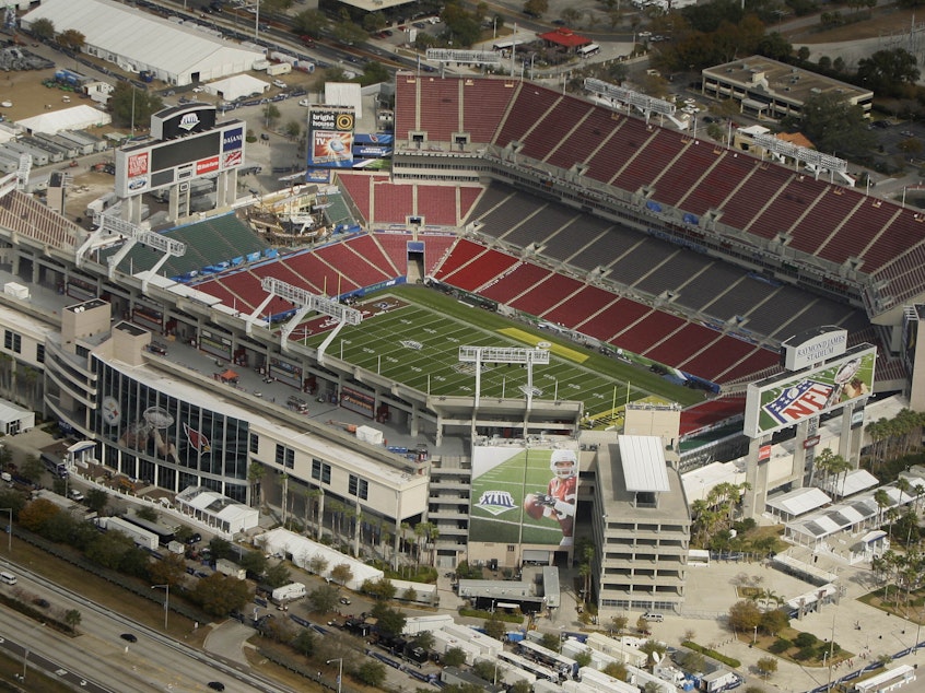 caption: The NFL is inviting about 7,500 healthcare workers to Super Bowl LV in Tampa, Fla.'s Raymond James Stadium, shown here in 2009.