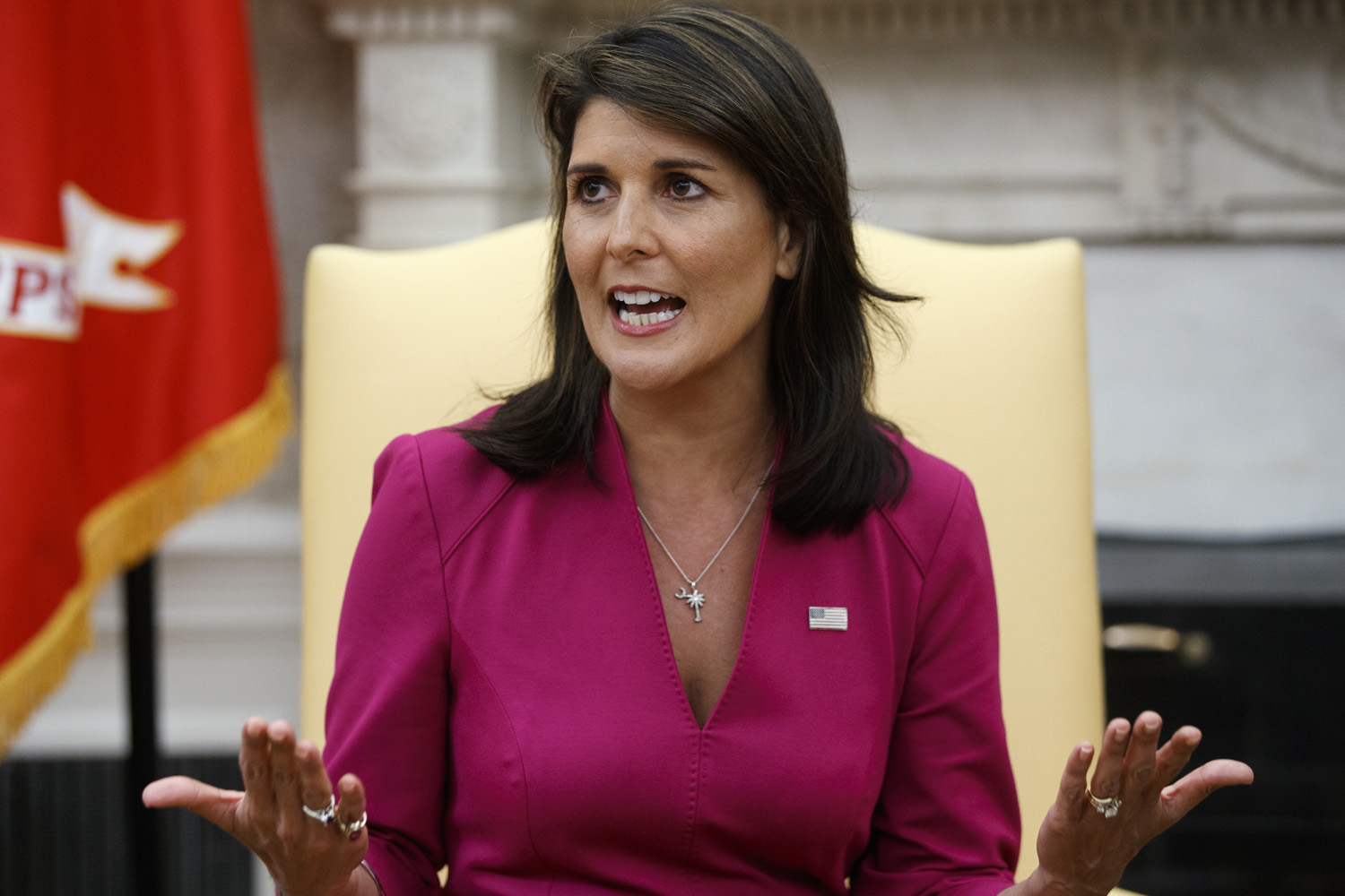 caption: Outgoing U.S. Ambassador to the United Nations Nikki Haley speaks during a meeting with President Donald Trump in the Oval Office of the White House, Tuesday, Oct. 9, 2018, in Washington. (AP Photo/Evan Vucci)