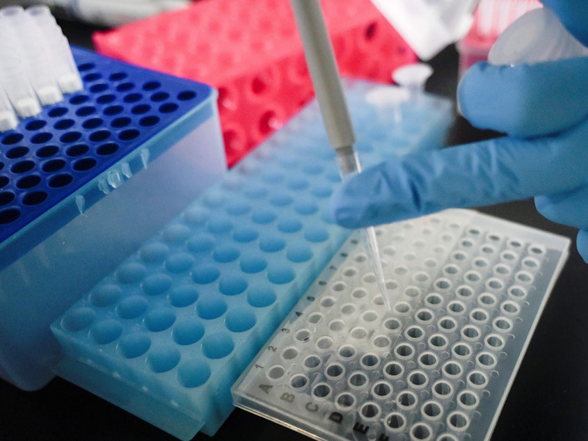 caption: A researcher at Peking University's Beijing Advanced Innovation Center for Genomics conducting tests at their laboratory, Thursday, May 14, 2020.