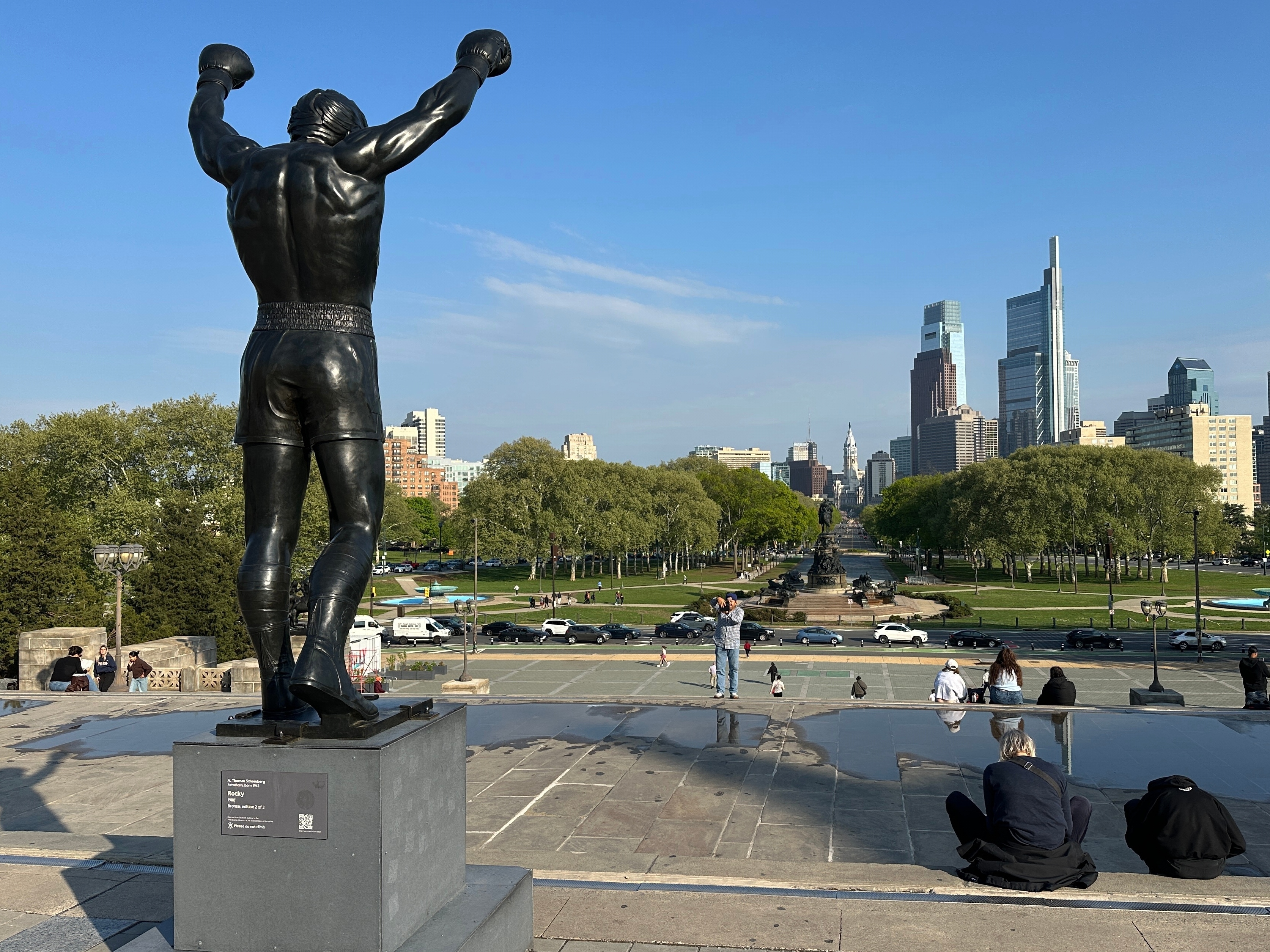 caption: The Rocky statue overlooks the city skyline outside the Philadelphia Museum of Art in Philadelphia, Wednesday, April 22, 2026.