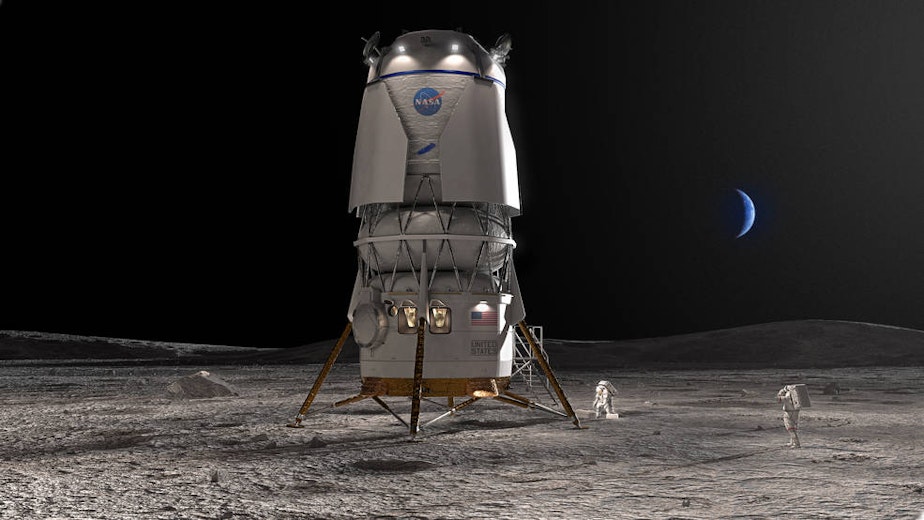 caption: An conceptual graphic of a Blue Moon lander on the moon. Blue Moon, based in Kent, Wash., was awarded a contract with NASA to build a lander that will take humans back to the moon. 