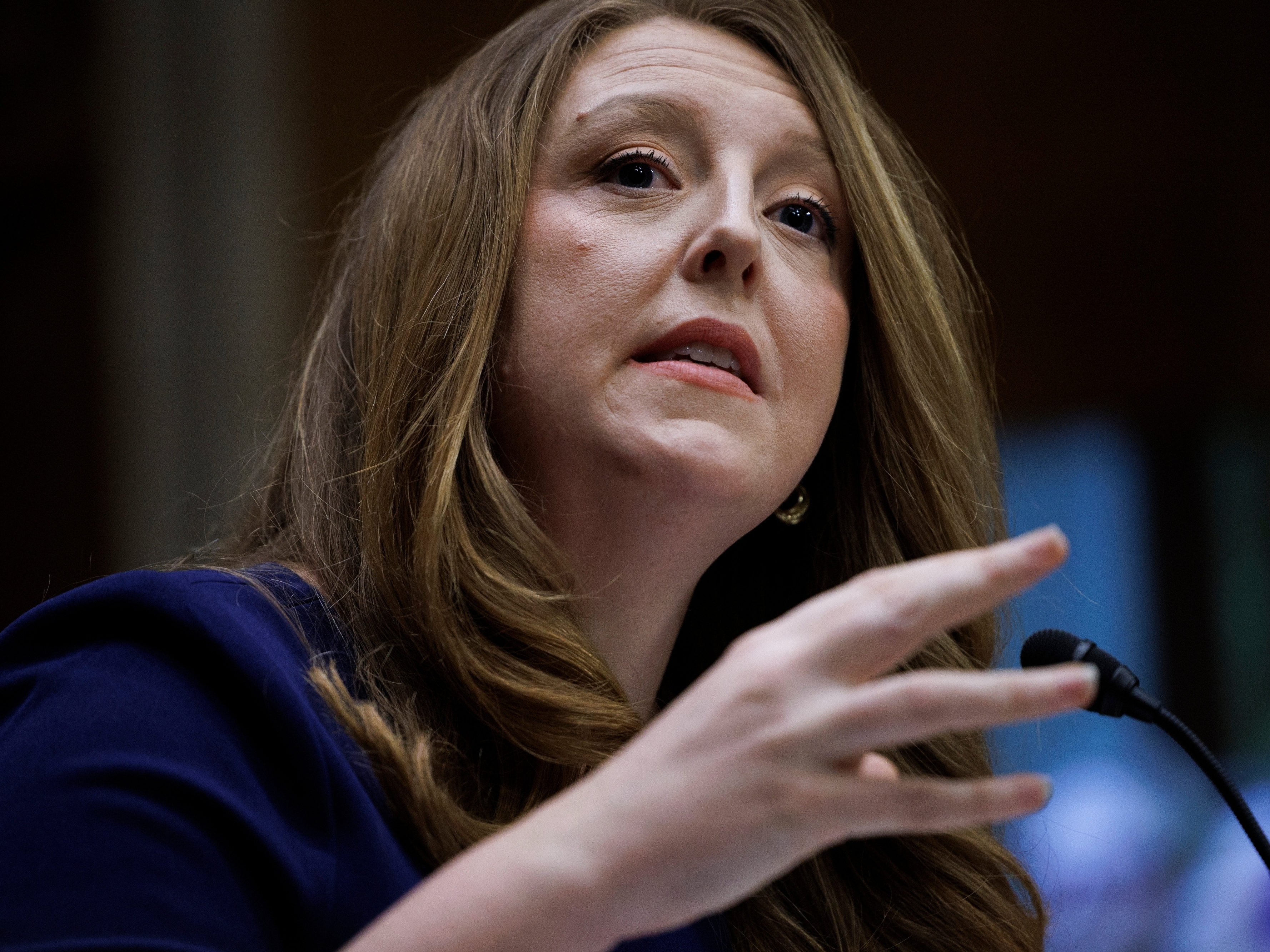 caption: Dr. Casey Means testifies during a Senate Health, Education Labor and Pension Committee confirmation hearing for U.S. Surgeon General on Capitol Hill, Feb. 25, in Washington.