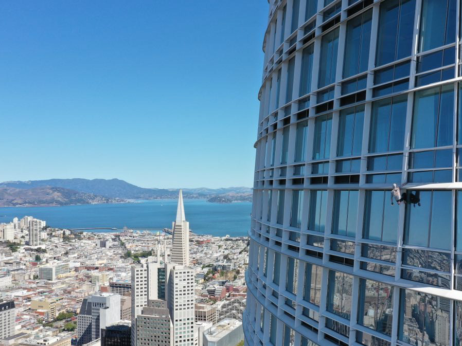 caption: Maison Des Champs climbed Salesforce Tower in San Francisco last Tuesday morning. He is climbing buildings across the country to raise money for groups that work to convince women to not have abortions.
