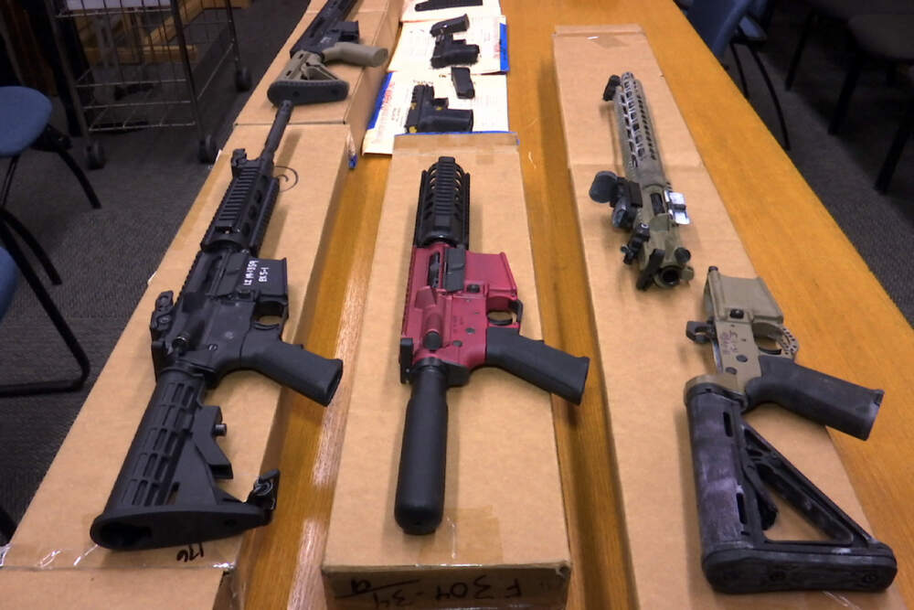 caption: "Ghost guns" are displayed at the headquarters of the San Francisco Police Department in San Francisco, on Nov. 27, 2019. (Haven Daley/AP)