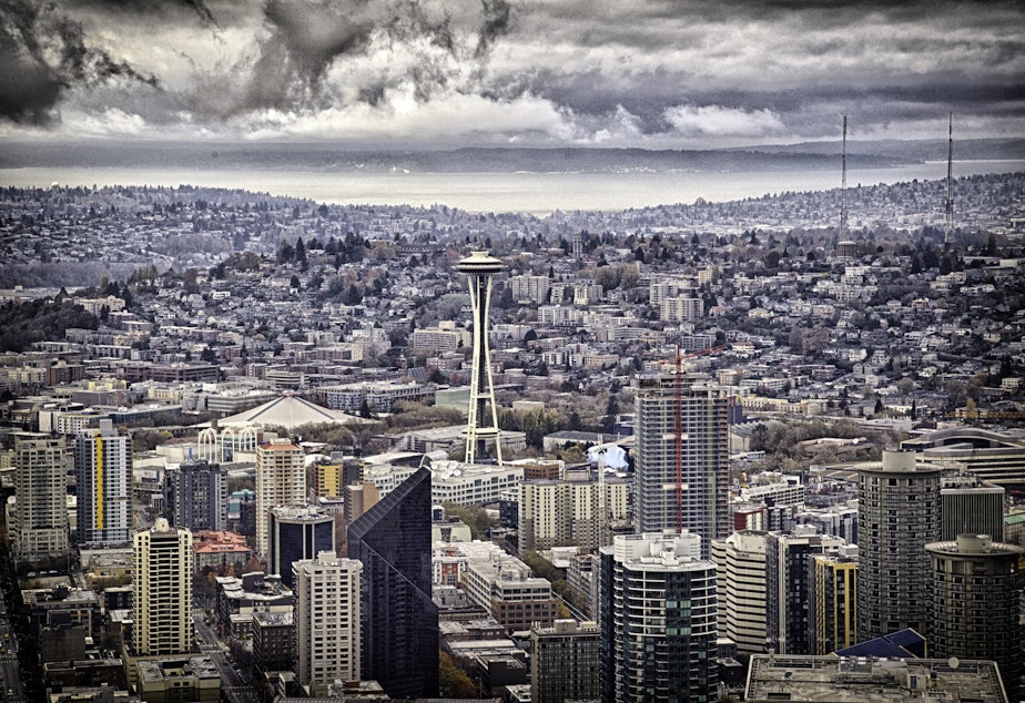Seattle on a rainy day, including the Space Needle, in November 2014.