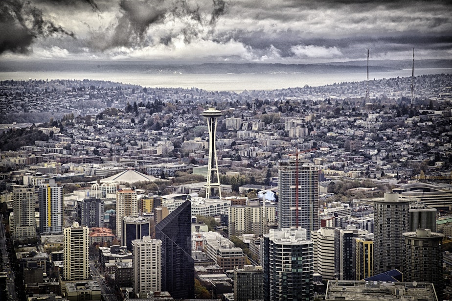 caption: Seattle on a rainy day, including the Space Needle, in November 2014.