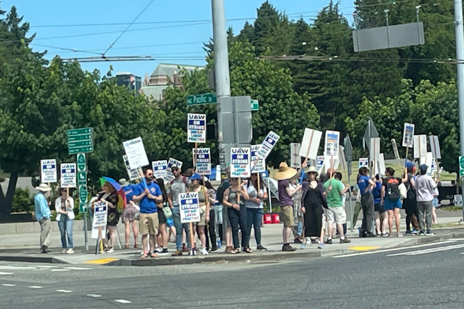 caption: University of Washington researchers picketing near Husky Stadium Wednesday, June 7, 2023.