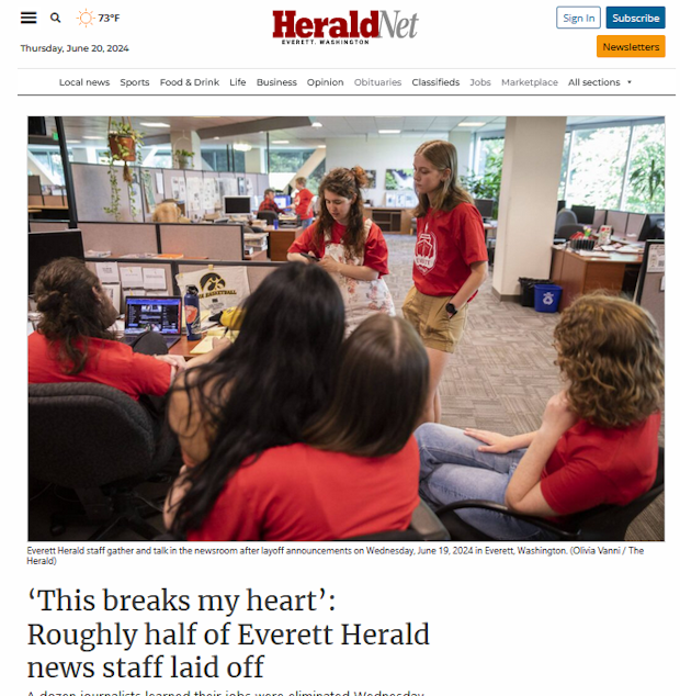 caption: A screenshot of the new version of the Everett Herald's story about the layoffs, republished Thursday afternoon.