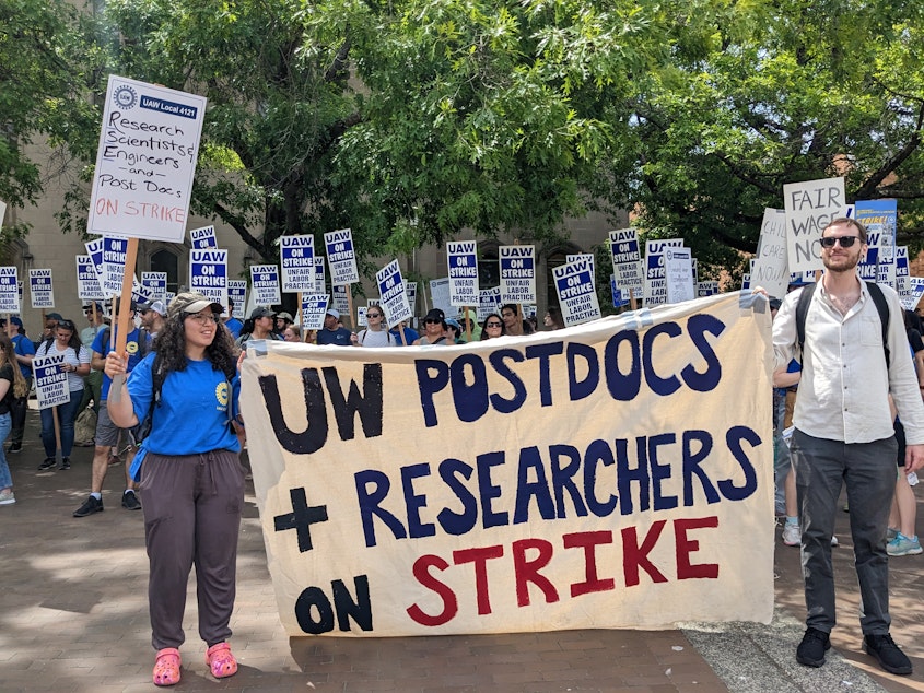 caption: UW researchers kick off their strike at Red Square, June 7, 2023.