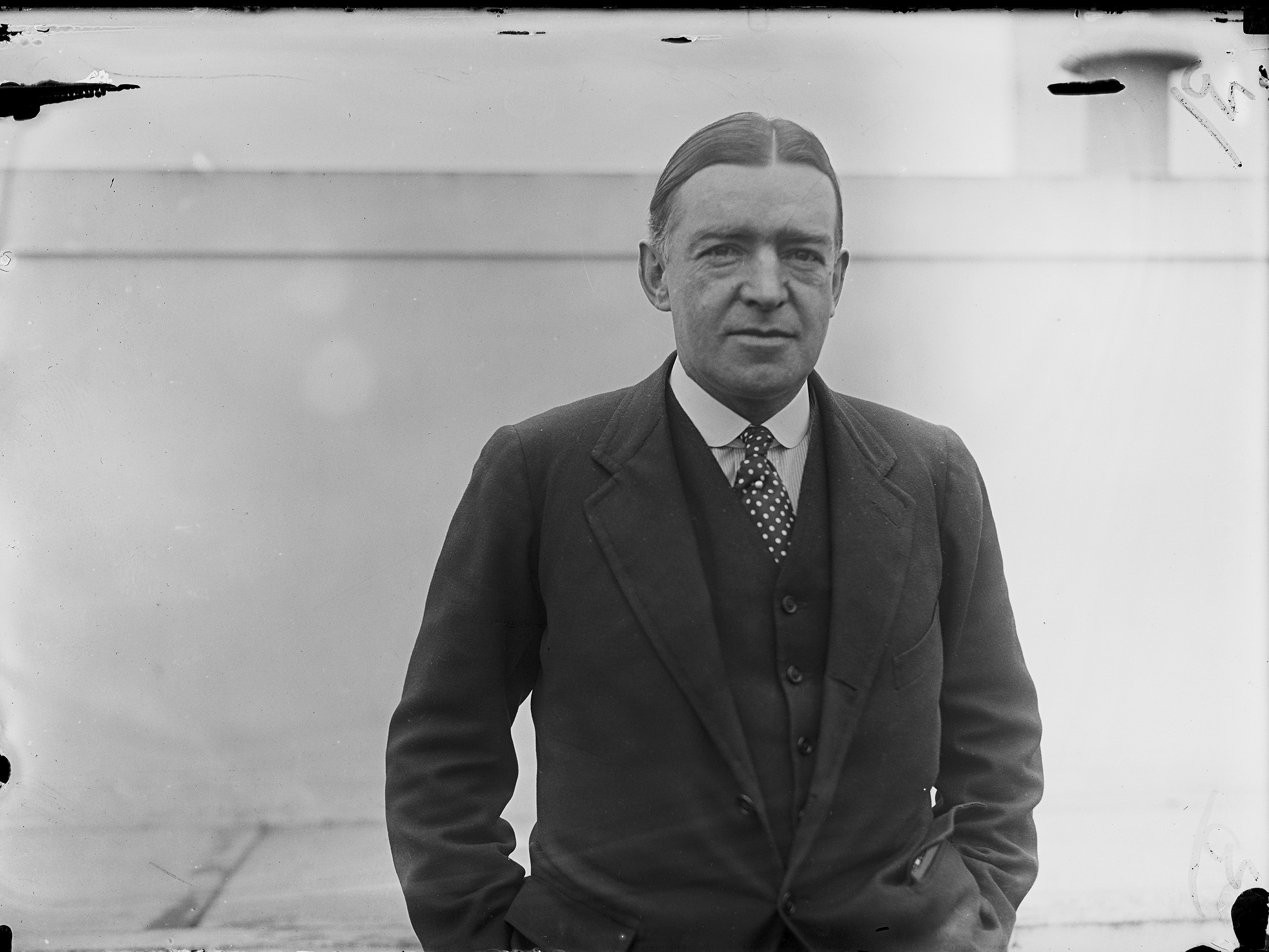 caption: Sir Ernest Shackleton is shown as he arrived in New York on the Aquitania on a hurried business trip to Canada in January 1921. The wreck of the last ship belonging to the famed explorer of Antarctica has been found off the coast of Canada by an international team led by the Royal Canadian Geographical Society.