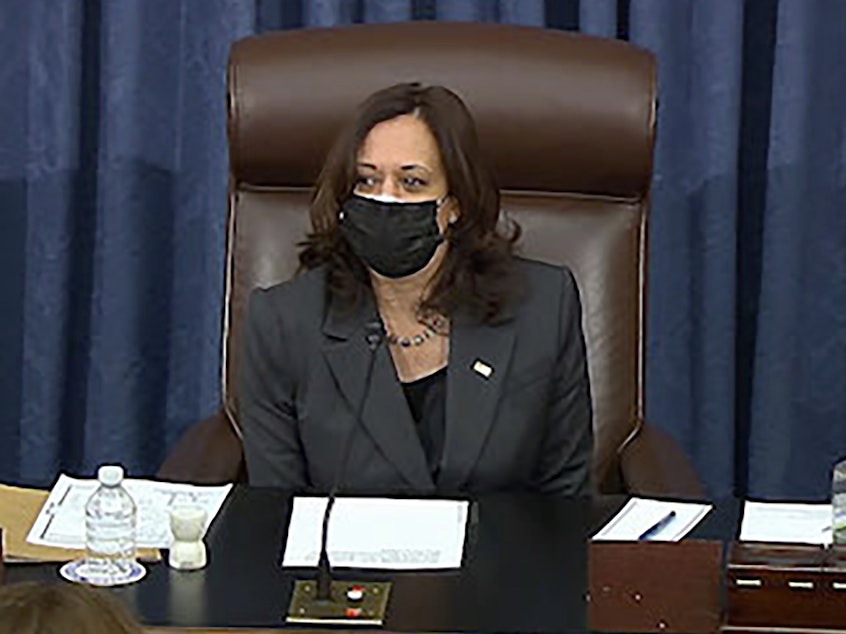 caption: During the marathon Senate session on Thursday into Friday, Vice President Harris had to cast her first tiebreaking vote in the divided Senate.