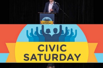 caption: Citizen University Co- Founder Eric Liu and Seattle Civic Poet Jourdan Imani Keith 
