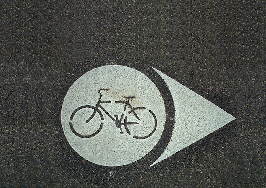 caption: BIKE DOTS are pavement markings for signed bicycle routes. Unlike sharrows, bicycle dots are not intended to provide guidance on bicycle positioning but are a tool to provide wayfinding.