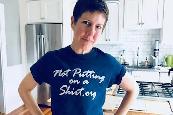 caption: Catherine Guthrie decided not to get breast reconstruction after her double mastectomy in 2009. Not Putting on a Shirt is a grassroots advocacy organization that brings attention to the issue of surgeons disregarding breast cancer patients' wishes to go flat.