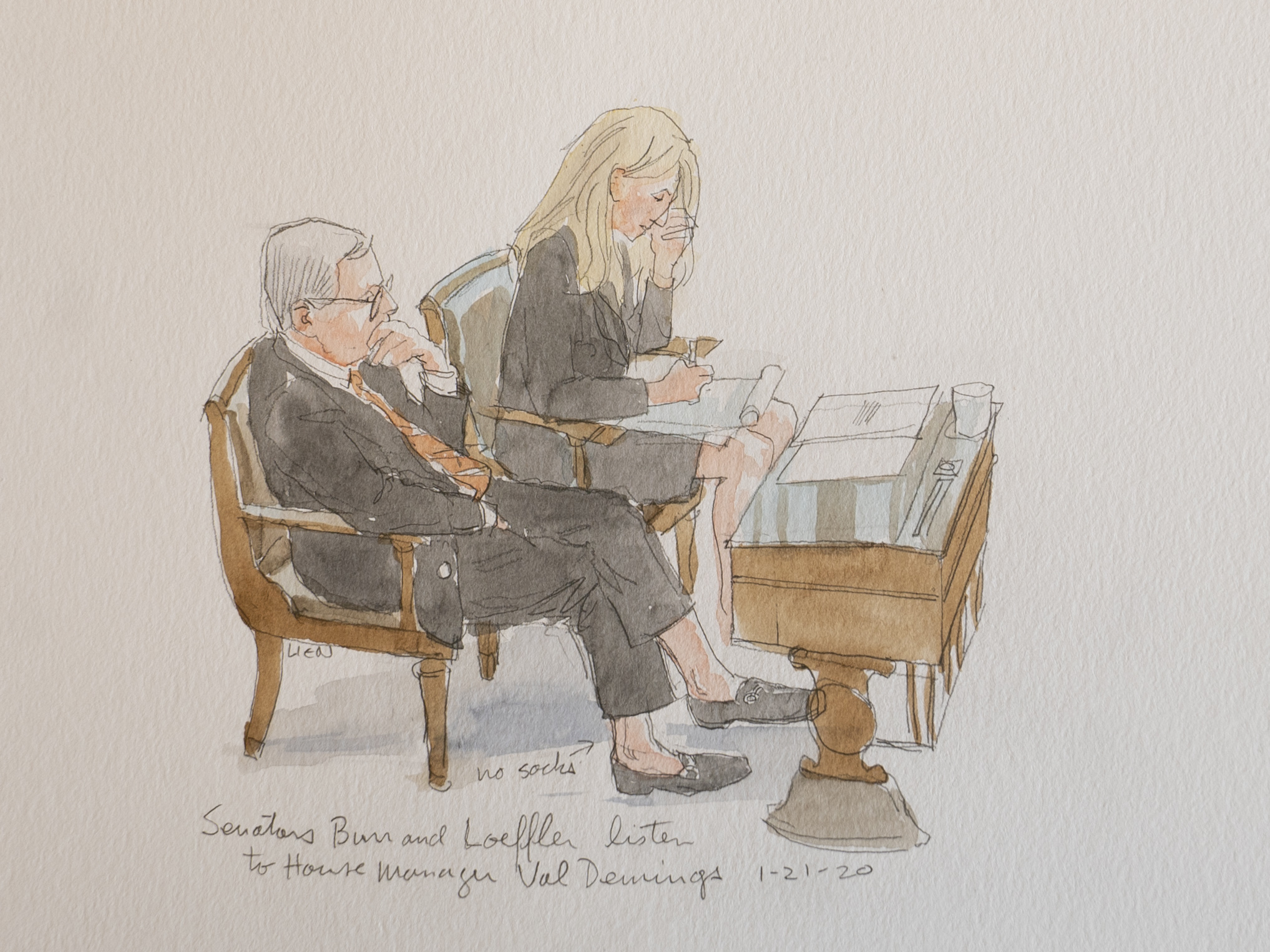 caption: North Carolina Sen. Richard Burr with Georgia Republican Kelly Loeffler. "He caught my attention because he wasn't wearing socks. And he has very expensive loafers, or they seem that way. And so I did a sketch of him. And the next day, he had it as his profile picture on Twitter."