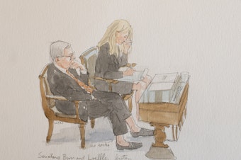 caption: North Carolina Sen. Richard Burr with Georgia Republican Kelly Loeffler. "He caught my attention because he wasn't wearing socks. And he has very expensive loafers, or they seem that way. And so I did a sketch of him. And the next day, he had it as his profile picture on Twitter."