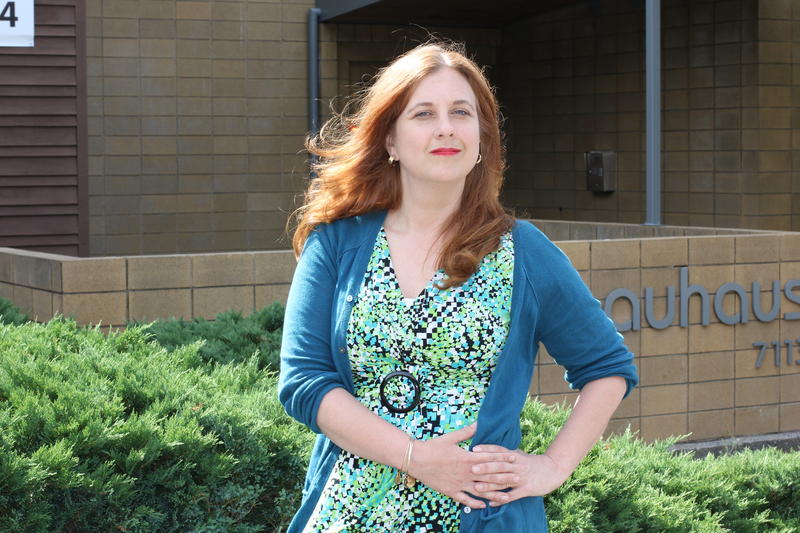 caption: Lisa Herbold at the former Linda Manor Apartments in West Seattle’s Gatewood neighborhood.
